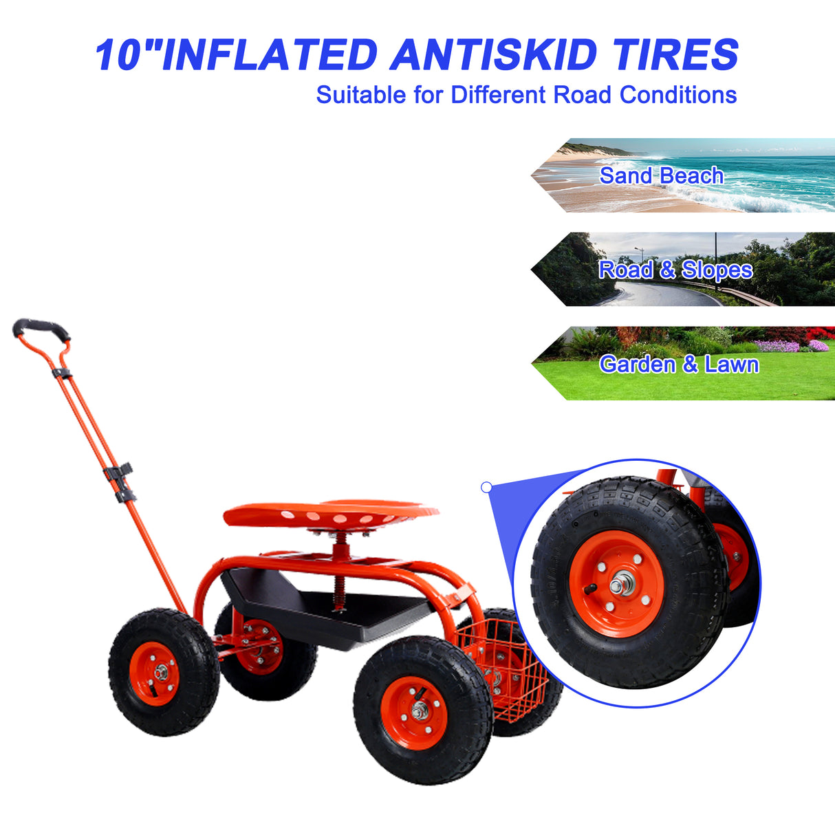 Garden Cart Rolling Scooter Adjustable Height Heavy Duty na may 4 Wheels at Extendable Handle Stool na may 360-Degree na Upuan at Tool Tray Red