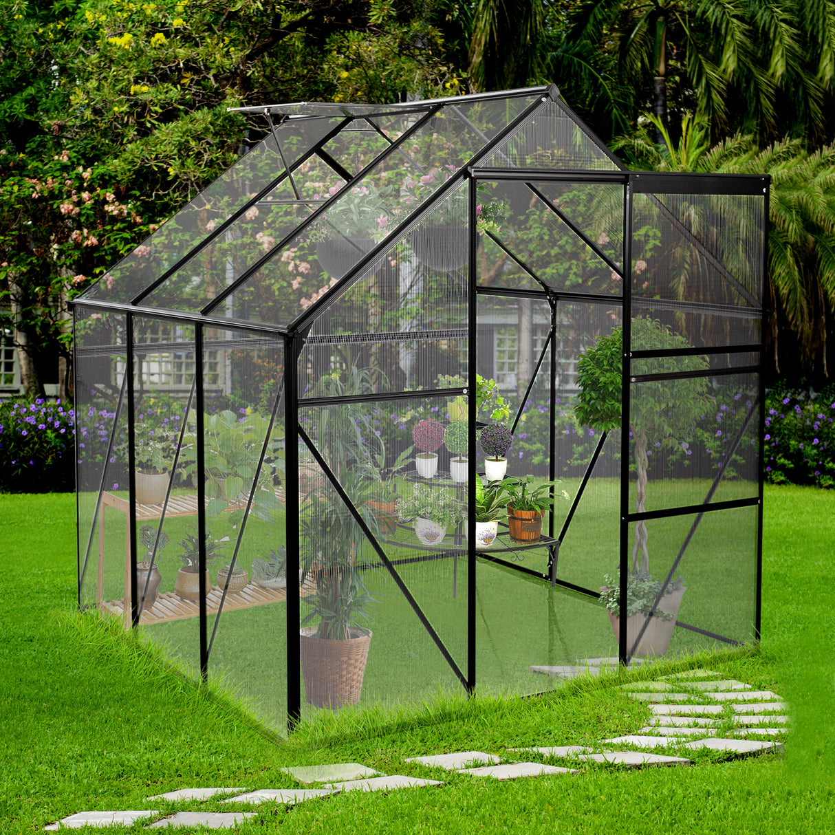 6X6FT Polycarbonate Greenhouse Raised Base and Anchor Aluminum Heavy Duty Walk-in for Outdoor Backyard in All Season Black