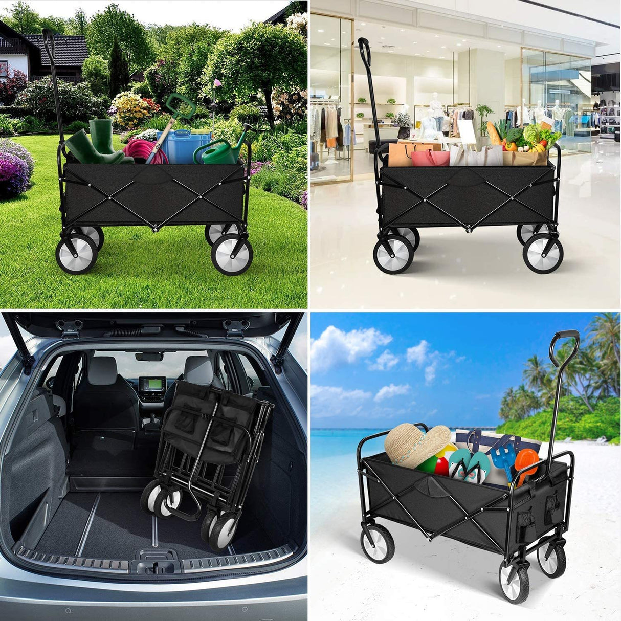 Carrito de mano portátil plegable resistente con toldo extraíble, ruedas de 8 pulgadas, asas ajustables y tela doble para ir de compras, picnic, playa, camping, capacidad de 220 libras