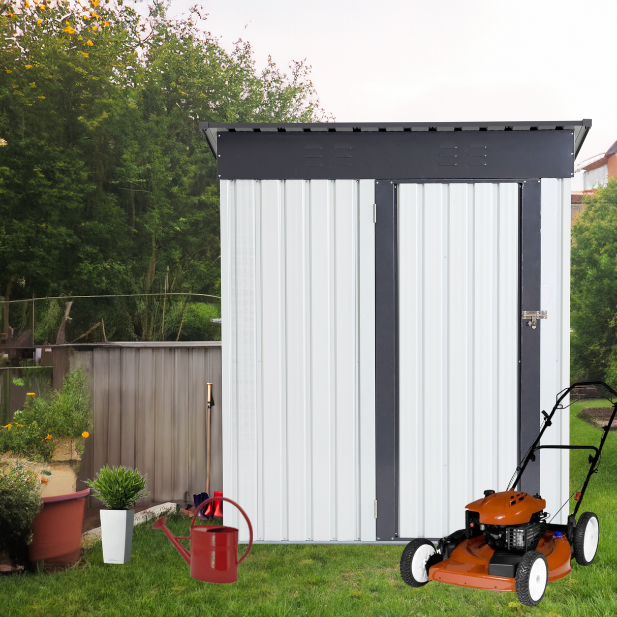 5x3x6ft Garden Metal Storage Lifter Shed Outdoor Storing Tools Rainproof Hinge Door Version Gray White