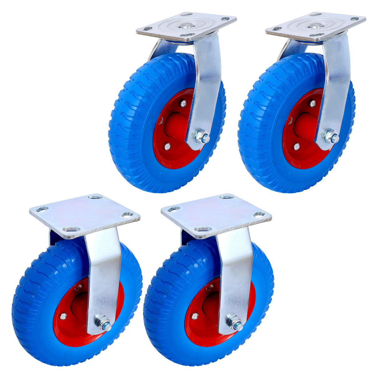 4PCS 8IN Flat Free (2PCS Swivel +2PCS Rigid) Caster Wheel Swivel Plate Steel Hub na may Ball Bearing 5/8-Inch Bore Centered Axle Blue