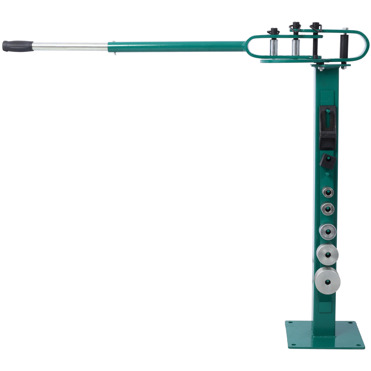 Dobladora compacta para piso de pedestal, 7 troqueles, tubo metálico compacto y versátil, montaje de 44', mango telescópico con recubrimiento en polvo, máximo 5/8" de espesor, 1-15/16" de ancho, verde