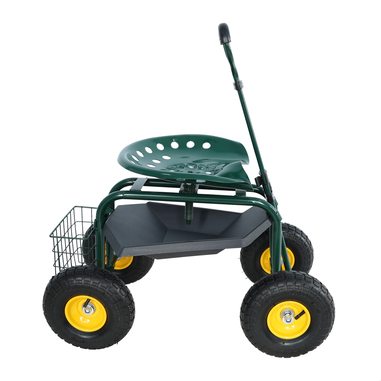 Garden Trolley Rolling Work Chair with Wheels Stool for Planting 360 Degree Swivel Seat Station Wagon Scooter with Steering Handle and Utility Tray for Yard and Outdoors Green