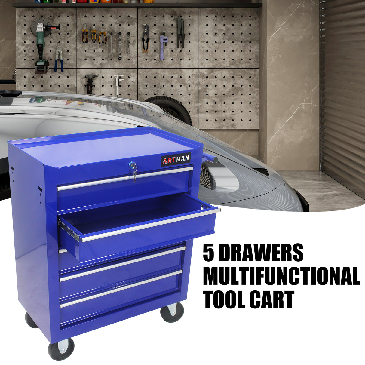 5 Drawers Multifunctional Tool Cart with Wheels Blue