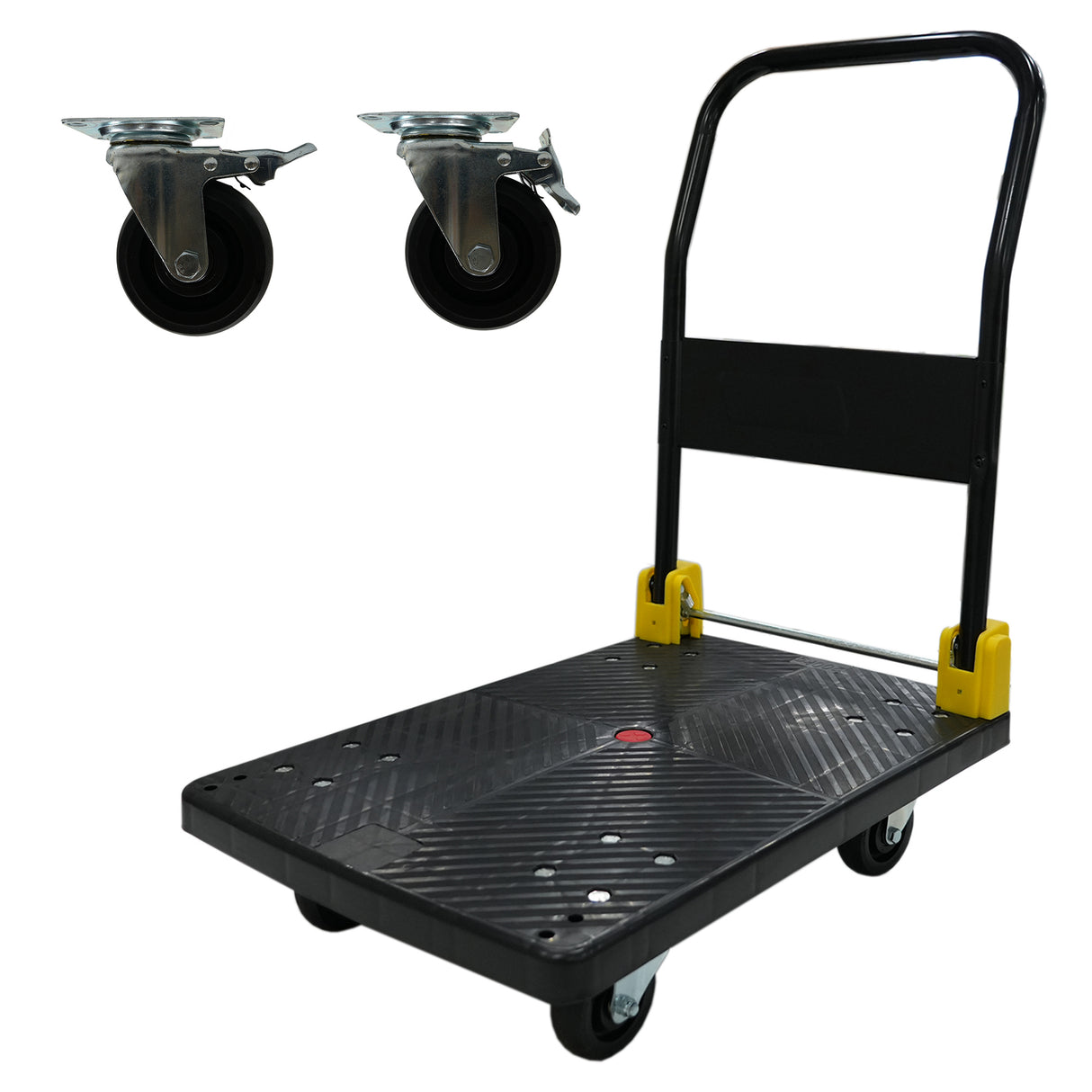 Carro de mano con plataforma plegable, 880 lbs. Capacidad de peso, 2 ruedas de freno giratorias, color negro