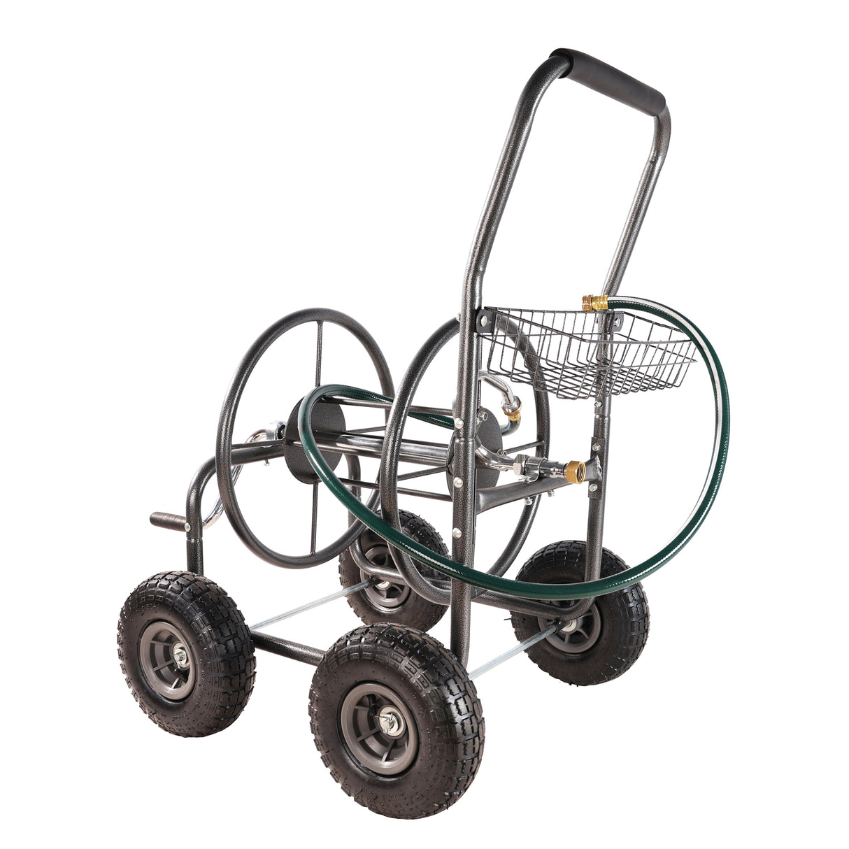 4 Wheels Portable Garden Hose Reel Cart with Storage Basket Rust Resistant Heavy Duty Water Hose Holder Steel