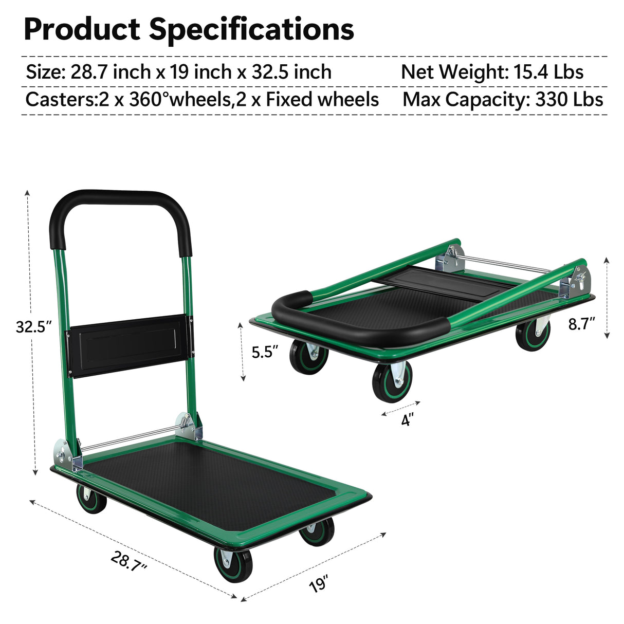 Chariot à plate-forme mobile, chariot à main pliable pour un rangement facile et roues pivotantes à 360 degrés avec une capacité de poids de 330 lb