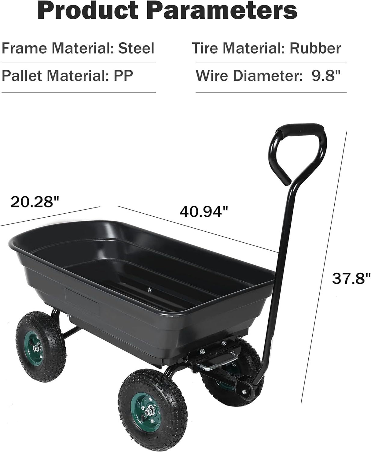 Garden Dump Cart with Steel Frame Heavy Duty Outdoor Wagon with 10 Inch Pneumatic Rubber Tires 660lbs Max Capacity Black