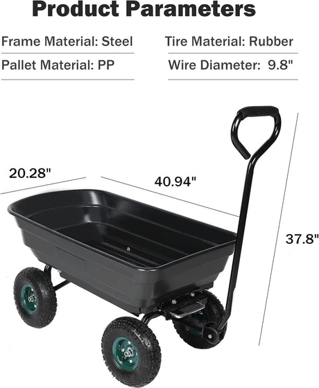 Chariot à benne basculante de jardin avec cadre en acier, chariot d'extérieur robuste avec pneus pneumatiques en caoutchouc de 10 pouces, capacité maximale de 660 lb, noir