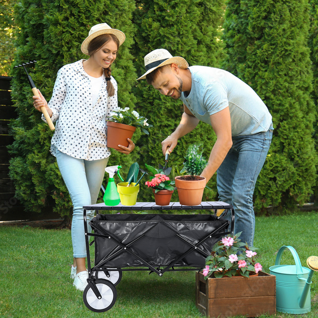 Chariot de camping en plein air utilitaire combiné de table de chariot pliant portable avec roues antidérapantes universelles, poignée réglable et bureau en métal noir, capacité de 176 lb