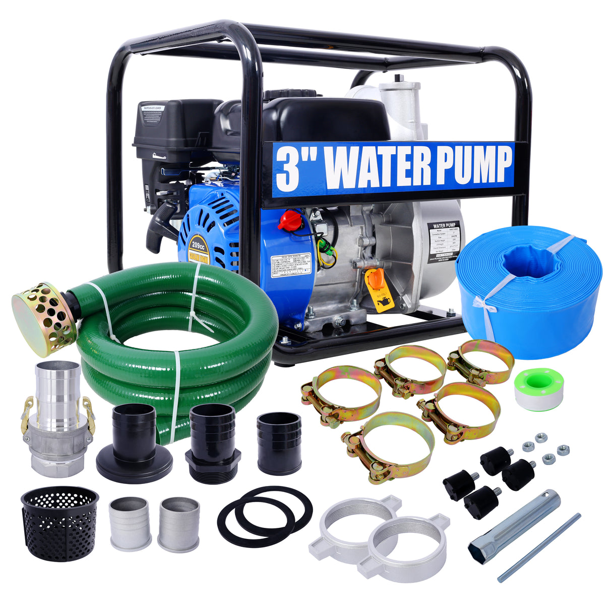 Semi Trash Water Pump 3 inch 209cc 7HP 4 Stroke OHV Engine Gas Powered 50 ft Discharge Hose 12 ft Suction Hose with Complete Fittings EPA Compliant