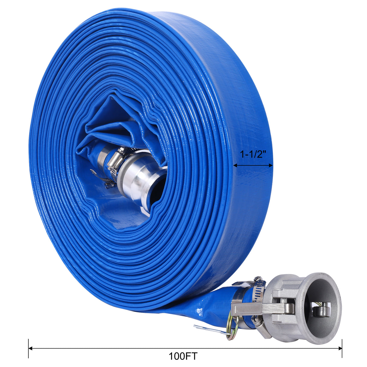 1,5" ID × 100 ft Pool Backwash Slange Heavy Duty Forsterket Blå PVC Lay Flat Vannutløpspumpeslanger for svømmebassenger og rene filtre med Camlock C og E-koblinger i aluminium