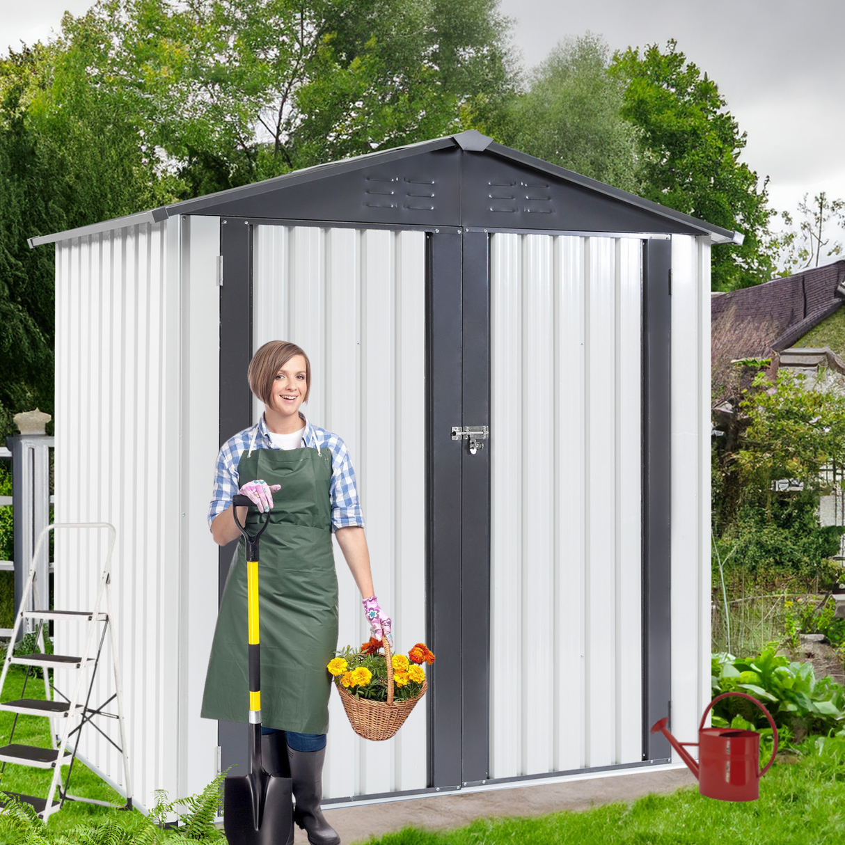 6x4x6ft Garden Metal Storage Shed Outdoor Storing Tools Rainproof Hinge Door Version Gray White