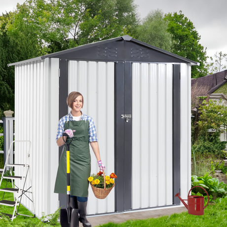 Hangar de rangement en métal de jardin 6x4x6 pieds, outils de rangement extérieurs, porte à charnière étanche à la pluie, Version gris blanc