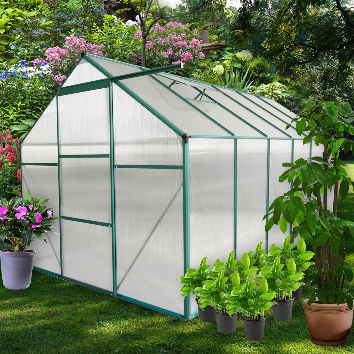 6 x 12 FT Polycarbonat-Gewächshaus mit erhöhtem Sockel und Anker, robustes begehbares Aluminium für den Garten im Freien, ganzjährig grün