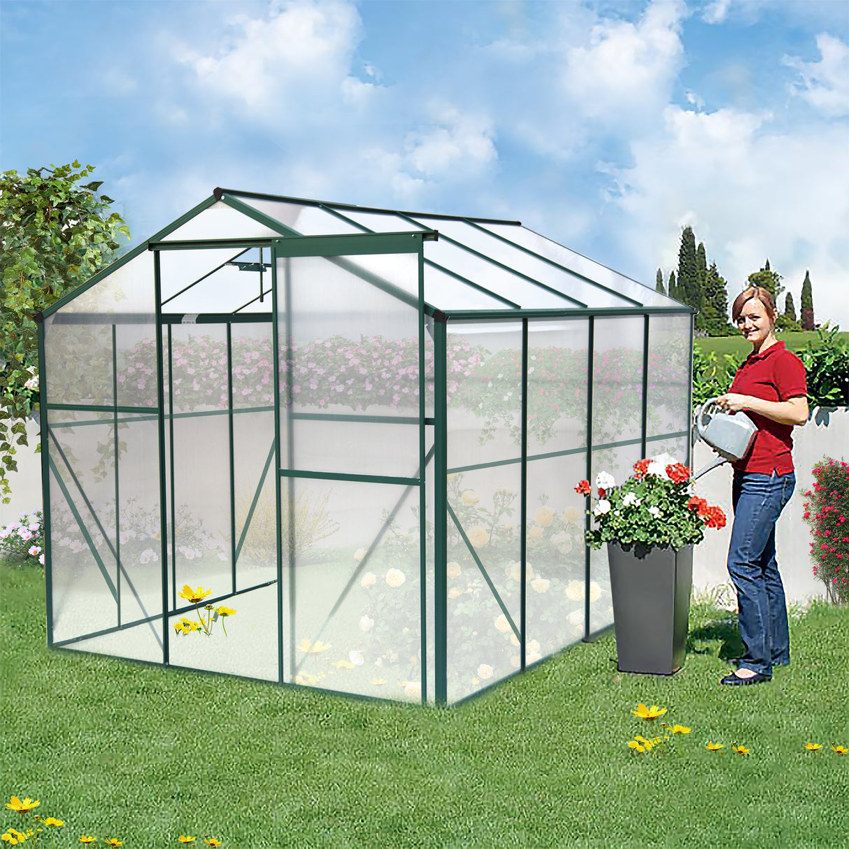 Polycarbonat-Gewächshaus, 1,8 x 2,4 m, robust, begehbarer Pflanzengarten für Hinterhof/Außenbereich