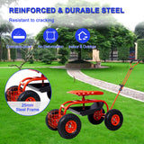 Garden Cart Rolling Scooter Adjustable Height Heavy Duty na may 4 Wheels at Extendable Handle Stool na may 360-Degree na Upuan at Tool Tray Red