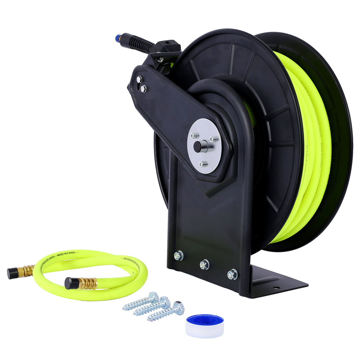 Retractable Air Hose Reel With 3/8" Inch x 50' Ft Heavy Duty Steel Auto Rewind Pneumatic Industrial Grade Rubber 300 PSI--Black