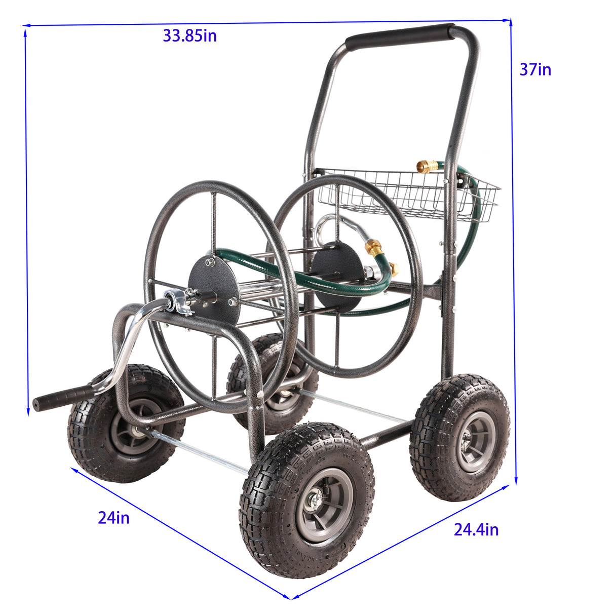 Carro de carrete de manguera de jardín portátil de 4 ruedas con cesta de almacenamiento resistente a la corrosión soporte de manguera de agua de acero