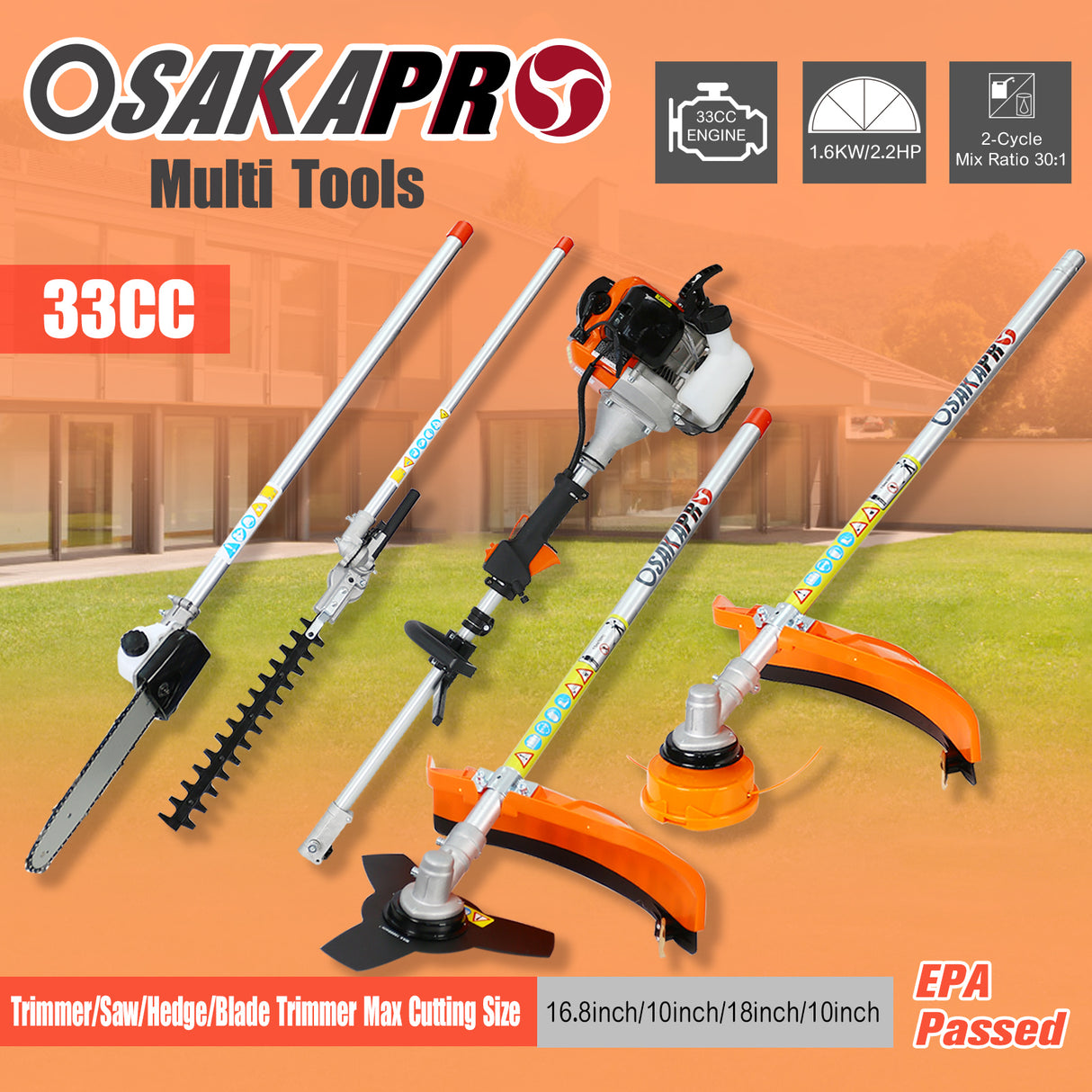 4 In 1 Multi-Functional Trimming Tool 33CC 2-Cycle Garden Tool System with Gas Pole Saw Hedge Trimmer Grass Trimmer and Brush Cutter EPA Compliant