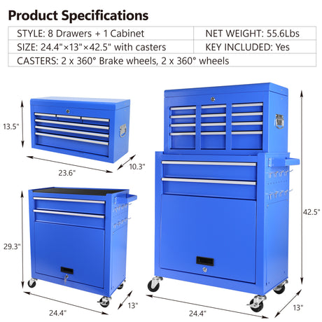 Mechanic Detachable Large Rolling Tool Chest Cart with Wheels 8 Drawers Lock Black Liner for Garage Warehouse Workshop