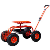 Garden Cart Rolling Scooter Adjustable Height Heavy Duty with 4 Wheels and Extendable Handle Stool with 360-Degree Seat and Tool Tray Red