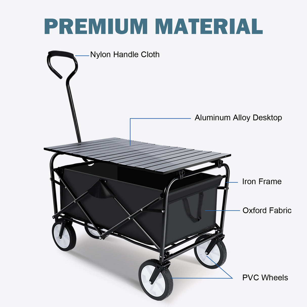 Bærbar sammenleggbar vognbord Combo Utility Utendørs campingvogn med universelle anti-skli hjul Justerbart håndtak sammen med metallbrett Skrivebord Svart 176 lbs Kapasitet