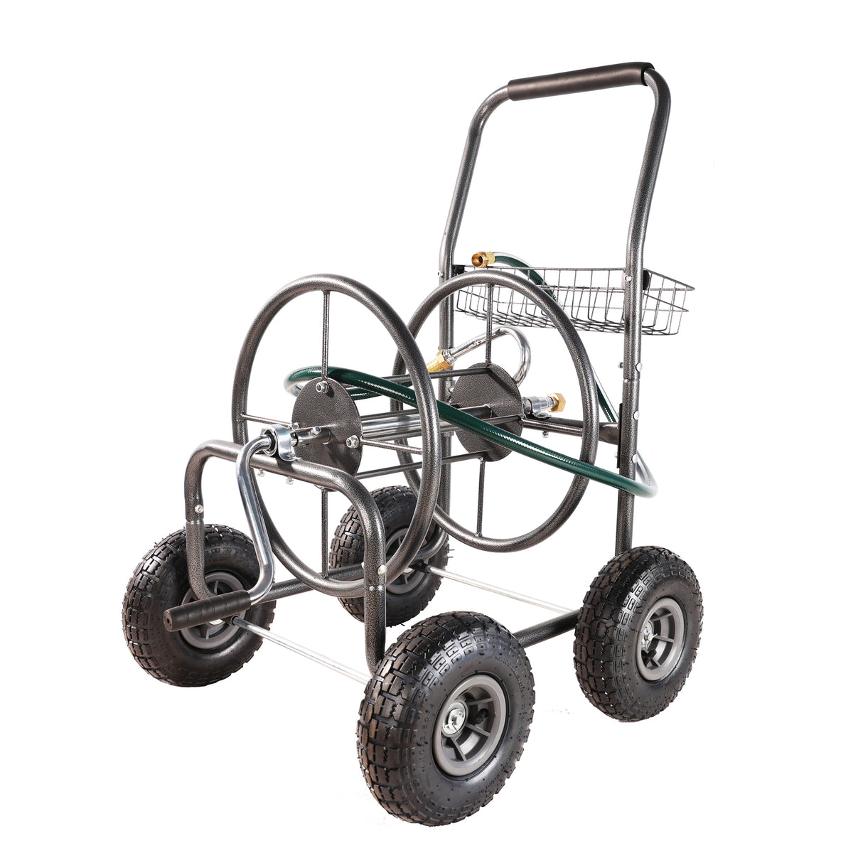 4 Wheels Portable Garden Hose Reel Cart na may Storage Basket Lumalaban sa kalawang na Mabigat na Tungkulin na Water Hose Holder Steel