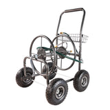 4 Wheels Portable Garden Hose Reel Cart with Storage Basket Rust Resistant Heavy Duty Water Hose Holder