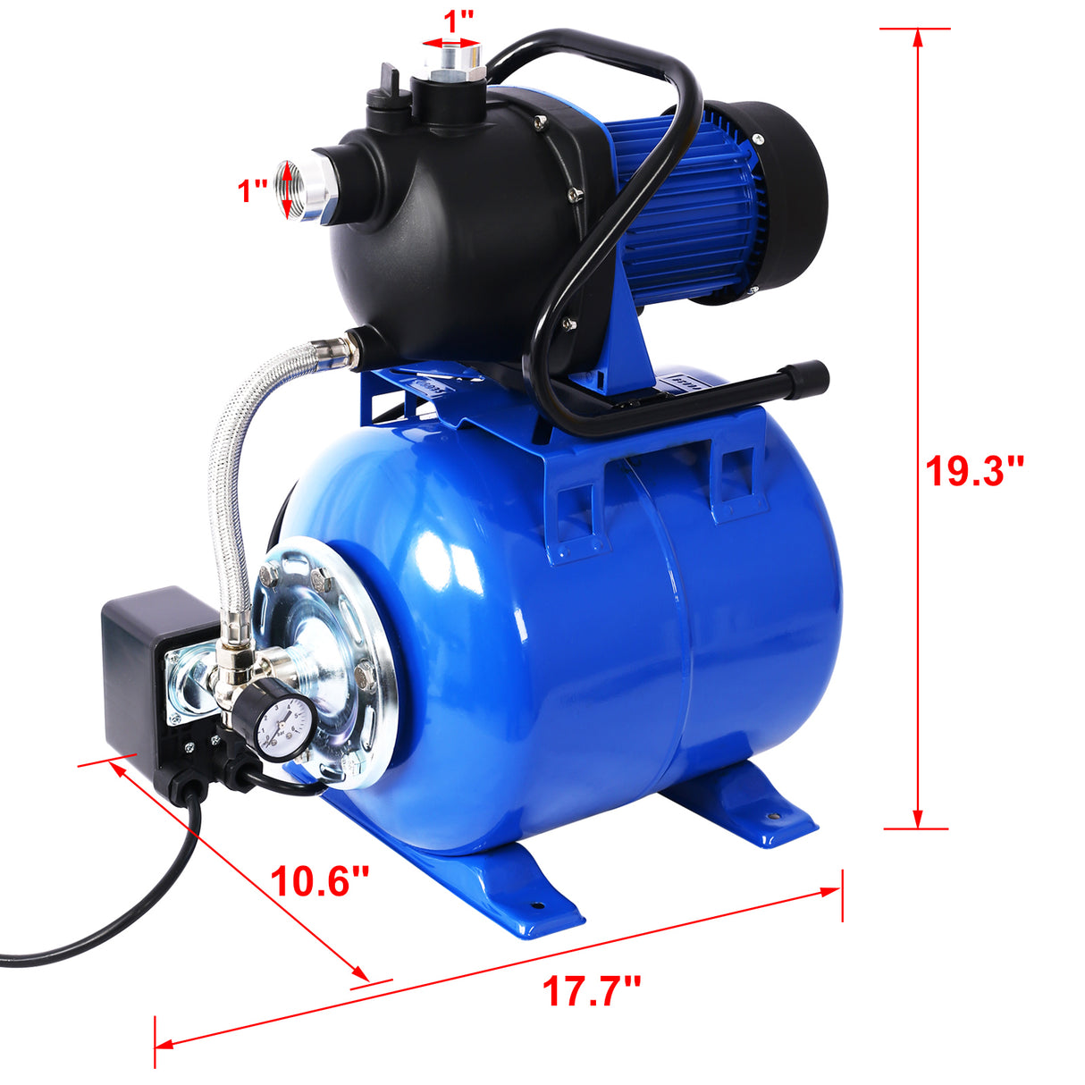 1,6 PS Flachbrunnenpumpe mit Drucktank, automatische Druckerhöhungspumpe für Gartenwasserbewässerung für Haus, Garten, Rasen, Bauernhof