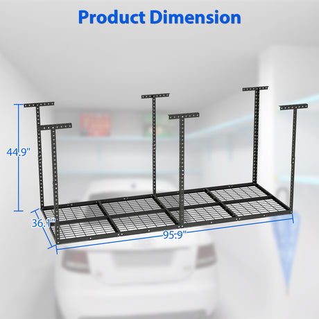 3x8ft Overhead Garage Storage Rack Adjustable Organization Systerm Heavy Duty Metal Ceiling 660lbs Weight Capacity--Black