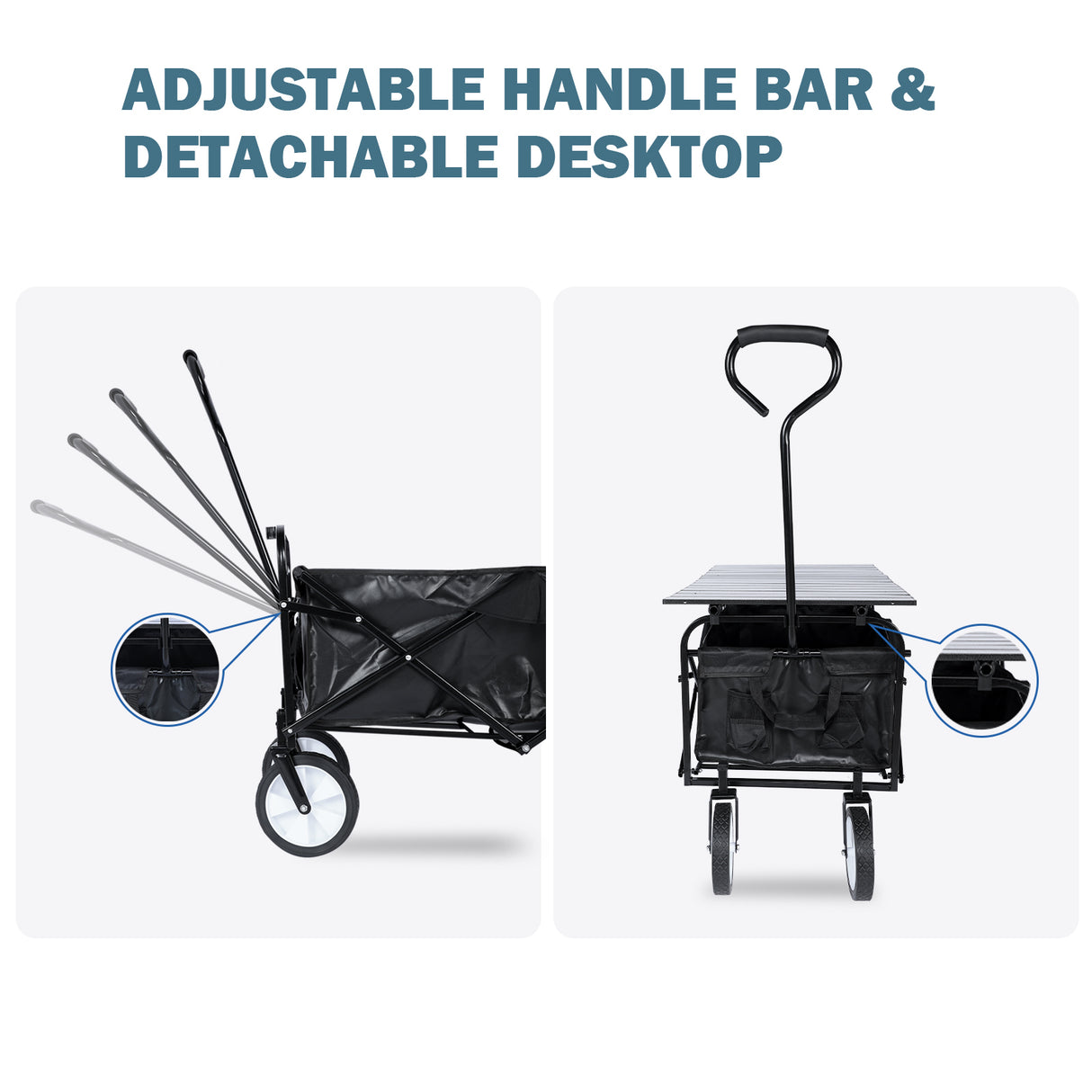 Mesa plegable portátil combinada para acampar al aire libre con ruedas antideslizantes universales, mango ajustable junto con tablero de metal, escritorio, negro, capacidad de 176 libras