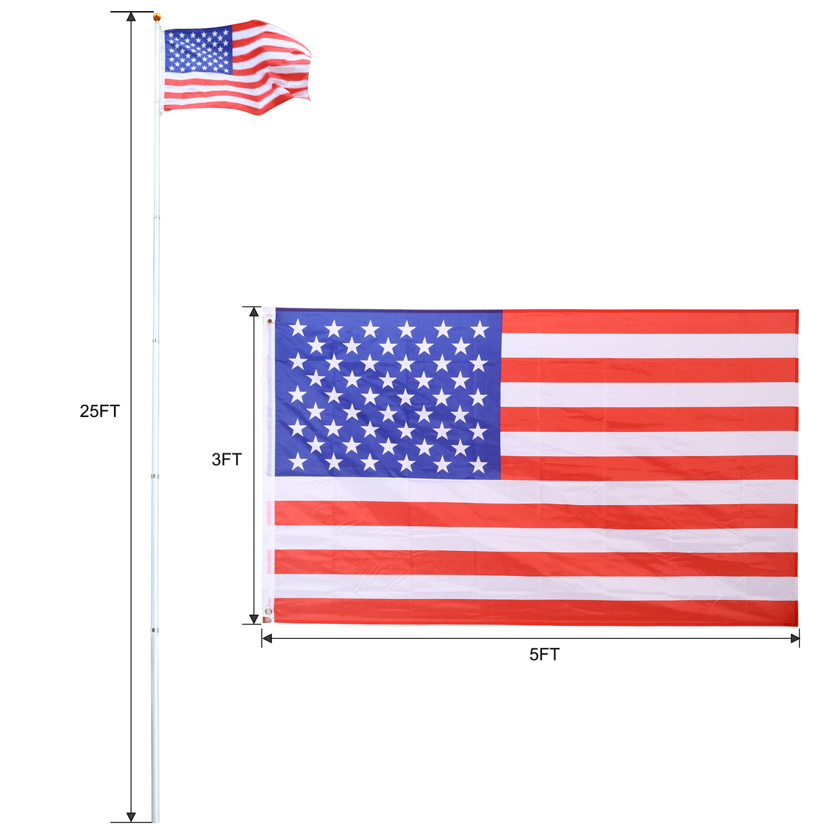 Kit de mástil de bandera seccional telescópico de 25 pies, mástil de bandera de aluminio extra grueso y resistente para exteriores enterrados con bolas superiores para patio residencial o comercial