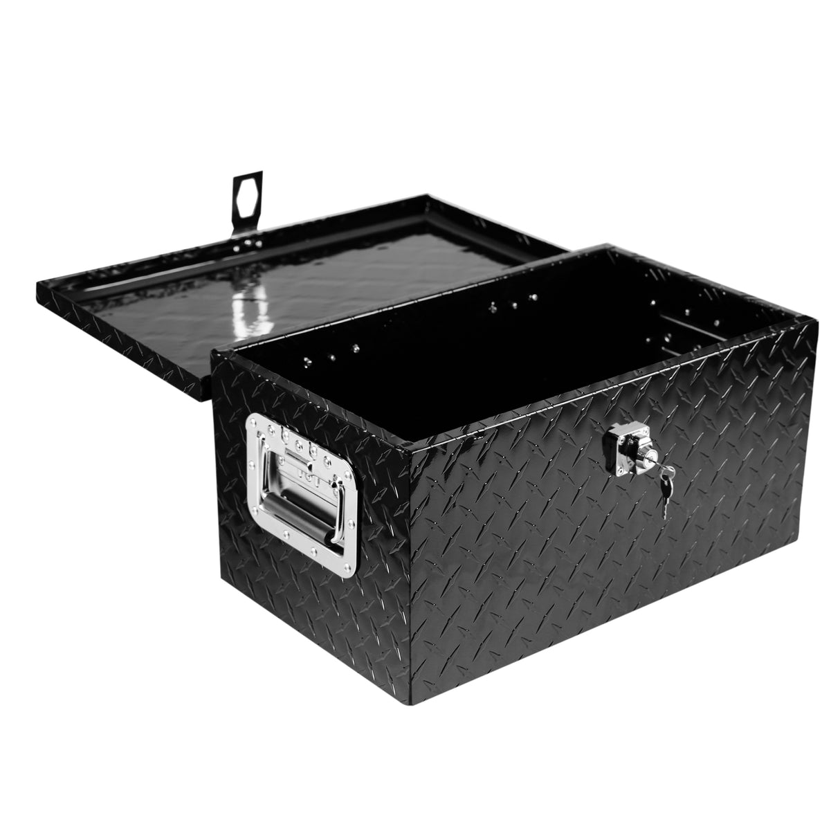 Scatola piatta da 20 pollici in alluminio nero con battistrada lungo per camion, auto, rimorchio esterno, pick-up, sottoscocca, camper, ATV, organizer per strumenti di stoccaggio con maniglia laterale e chiavi (20,1"×11,8"×9,3")