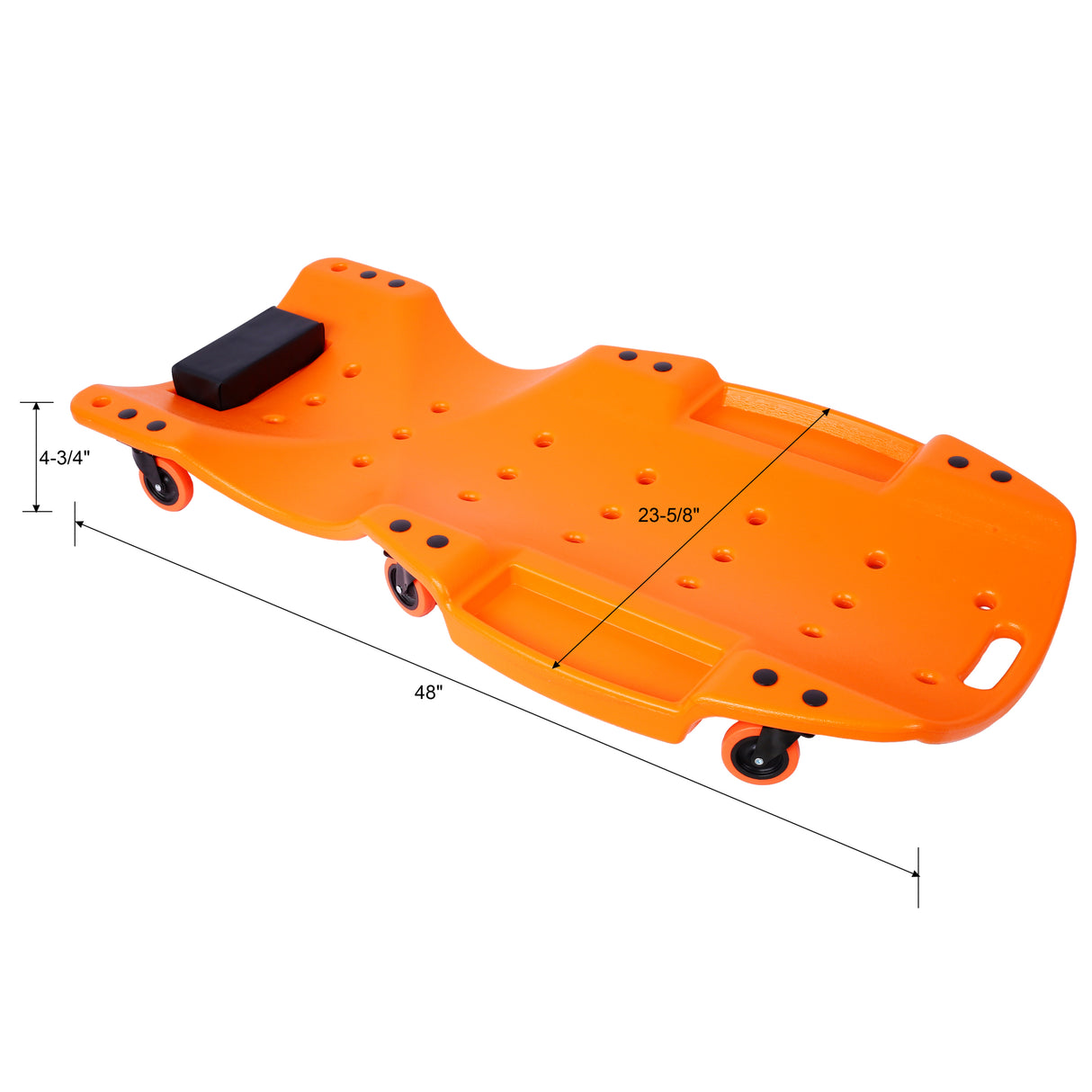 Creeper en plastique de 48 pouces, corps ergonomique moulé par soufflage en PEHD avec appui-tête rembourré et deux plateaux à outils, capacité de 440 lb, Orange