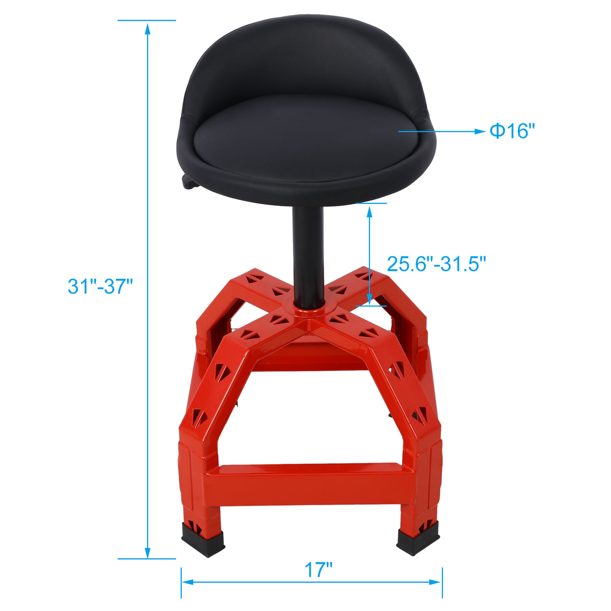 Tabouret pneumatique pivotant à 360 degrés, mécanique, siège rampant roulant, robuste, rouge, capacité de 300 lb