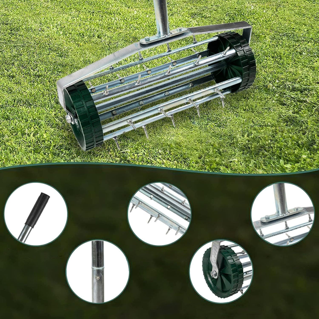 Heavy Duty Rolling Lawn Aerator Rotary Push Tine Spike Soil Gardening Tool na may 3-Piece Long Steel Handle para sa Garden Yard Grass Maintenance