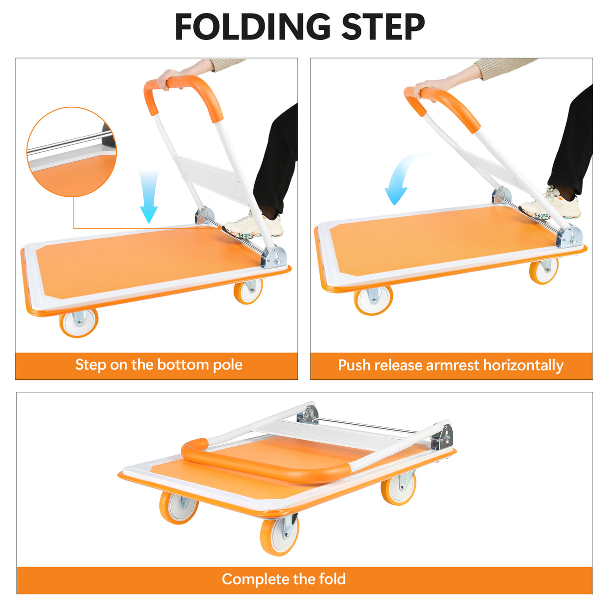 Carro de empuje plegable Dolly, plataforma móvil de alta resistencia con capacidad de 660 libras, carretilla de mano blanca y naranja