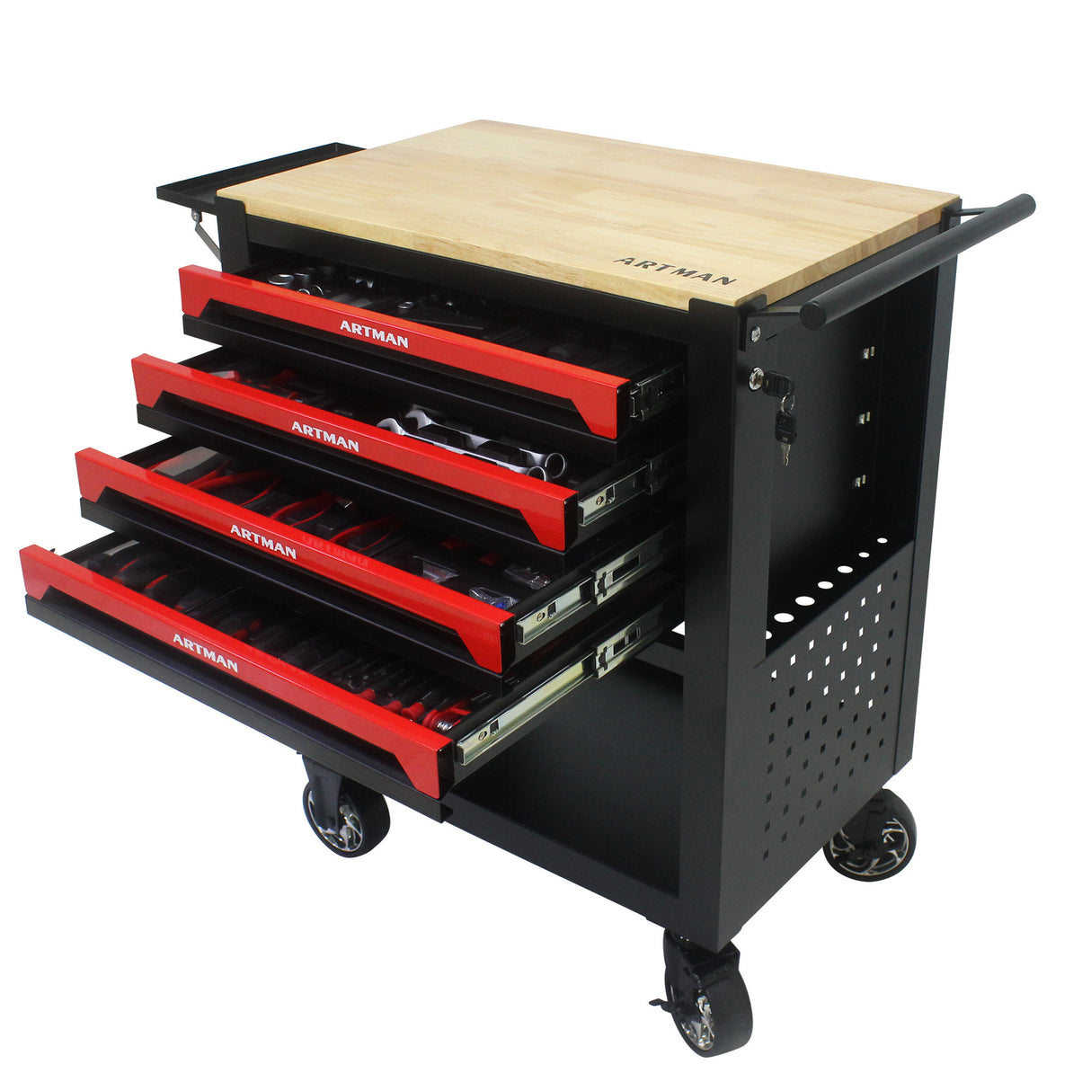 4 Drawers Multifunctional Tool Cart with Tool Set and Wooden Top Black