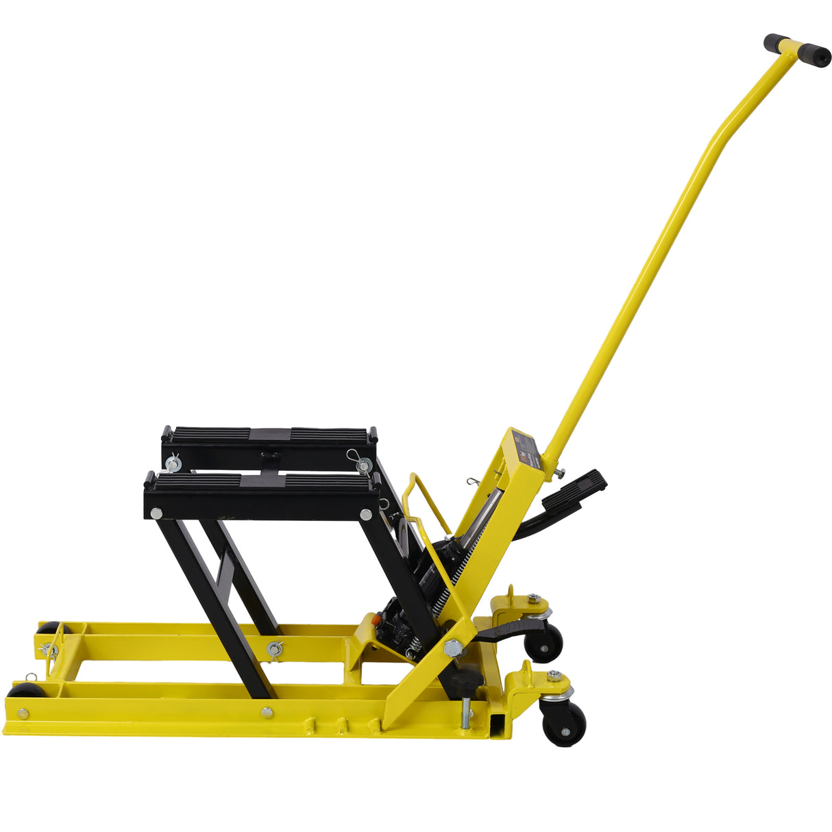 Gato elevador hidráulico para motocicleta, capacidad de 1500 libras, mesa portátil de tijera ATV con 4 ruedas, soporte de elevación accionado por el pie con amarre, color amarillo