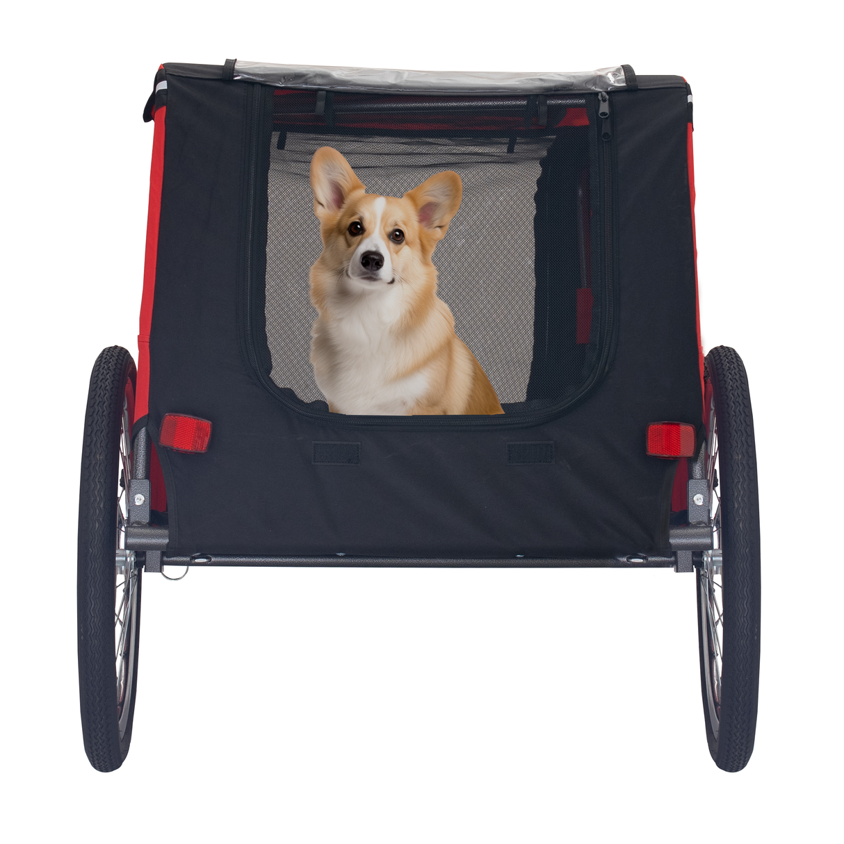 Dog Bike Trailer Breathable Mesh Dog Cart with 3 Entrances Safety Flag 8 Reflectors Folding Pet Carrier Wagon with 20 Inch Wheels Bicycle Carrier for Medium and Small Sized Dogs Red Black