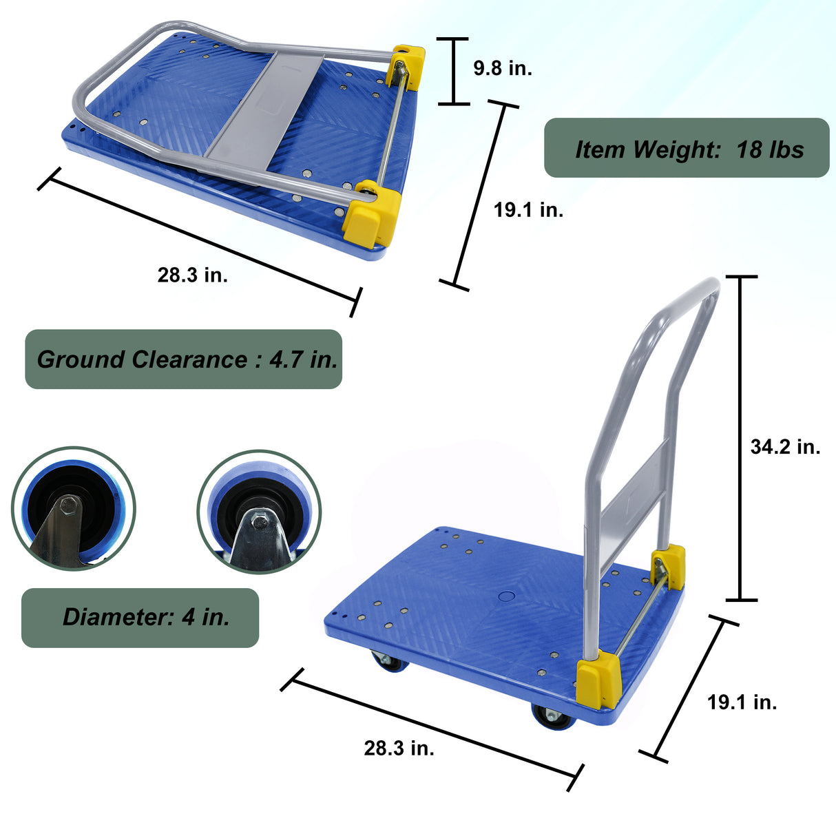 Handwagen mit faltbarer Plattform, 440 lbs. Gewichtskapazität: Blau