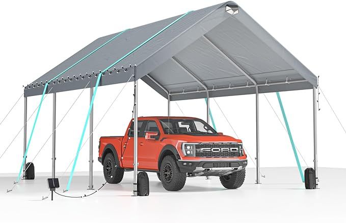 Sannwsg 10 * 20 Heavy Duty Carport Canopy Extra Large Portable Car Tent Garage na may Adjustable Peak Taas mula 9.5ft hanggang 11ft Naaalis na Roof at Side Walls para sa Car SUV Boat--Gray