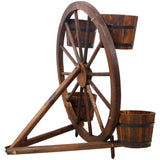 Wood Wagon Wheel Barrel Planter Display--Brown