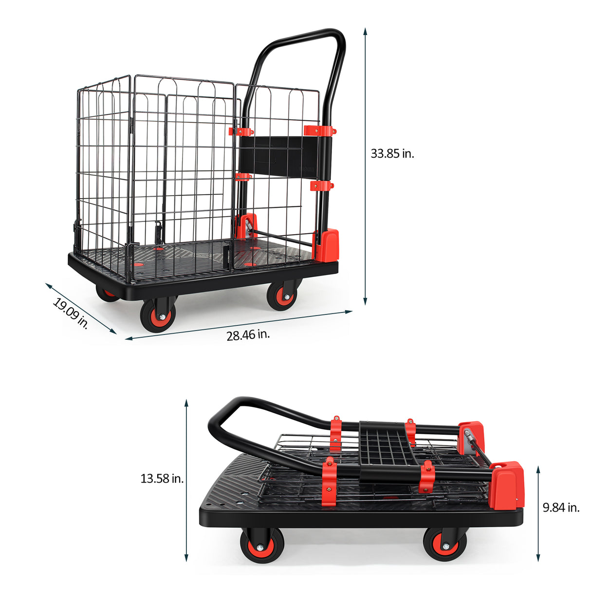 Foldable Platform Push Hand Truck Basket Cage Cart 330 lbs Weight Capacity--Black+Red