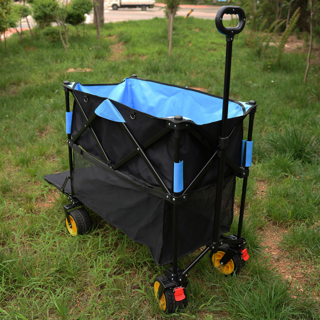 Carro plegable de gran capacidad, carro extensor Extra largo, carrito plegable para compras de jardín, carrito de playa, negro y azul