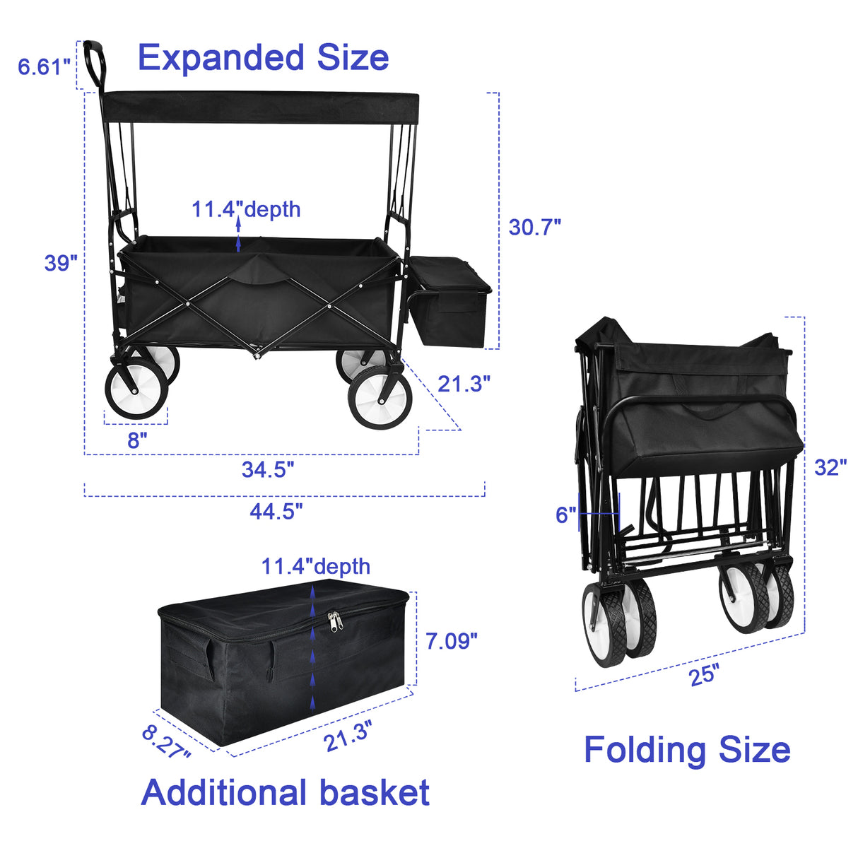 Chariot à main portable pliable robuste avec auvent amovible, roues de 8 pouces, poignées réglables et double tissu pour le shopping, pique-nique, plage, camping, noir