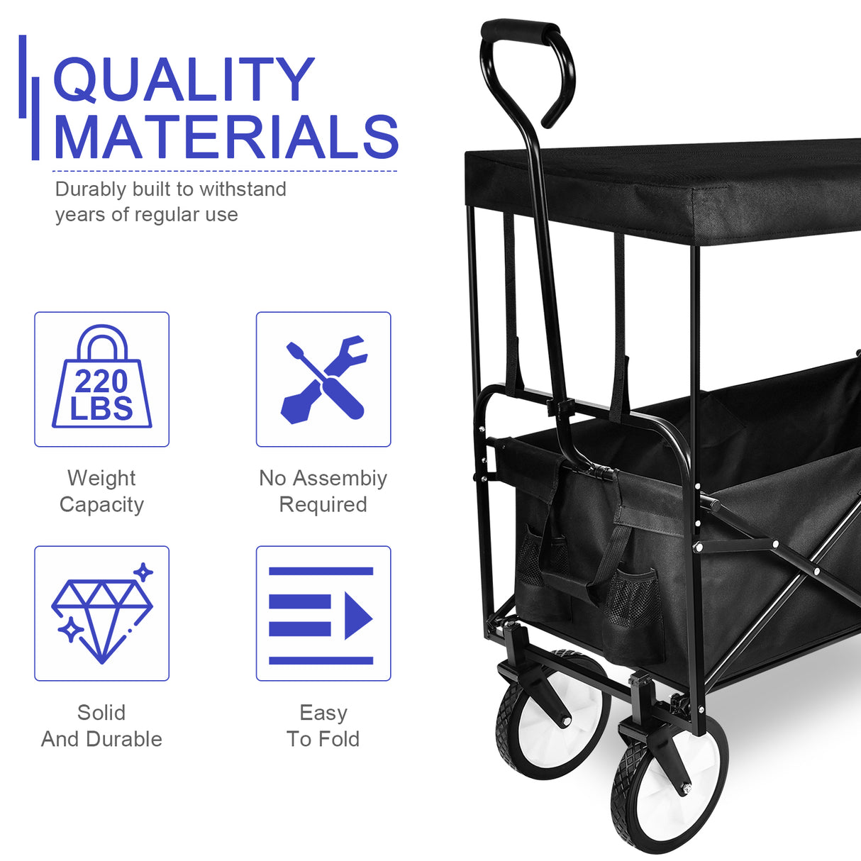 Carrito de mano portátil plegable resistente con dosel extraíble, ruedas de 8 pulgadas, asas ajustables y doble tela para ir de compras, picnic, playa, camping, color negro