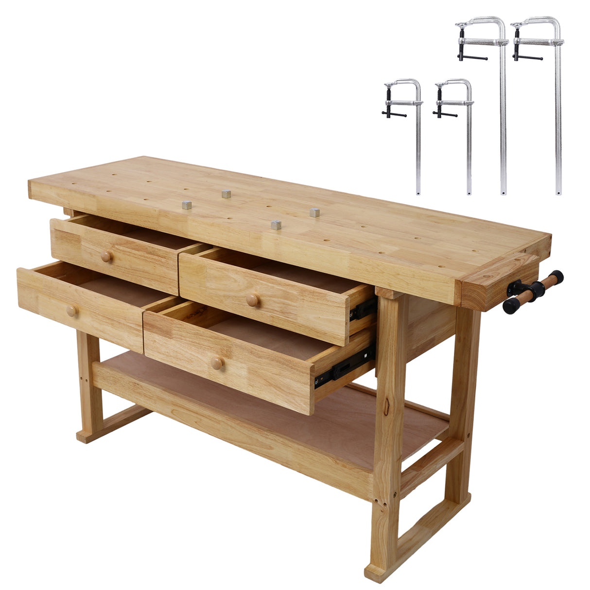 60in Wooden Workbench with 4 Drawers for Garage Workshop and Home with Bar Clamps Set 2 pcs 12 inch x 3 inch+ 2pcs 20 inch x4-3/4" 4pcs Pack