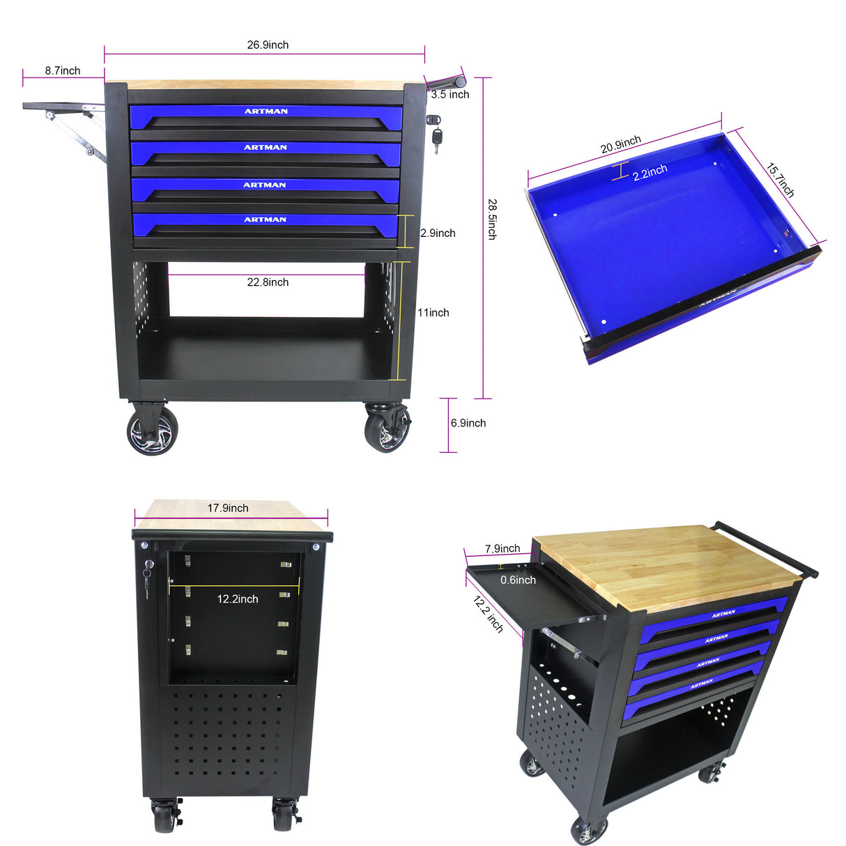 4 Drawers Multifunctional Tool Cart with Wheels and Wooden Top Blue